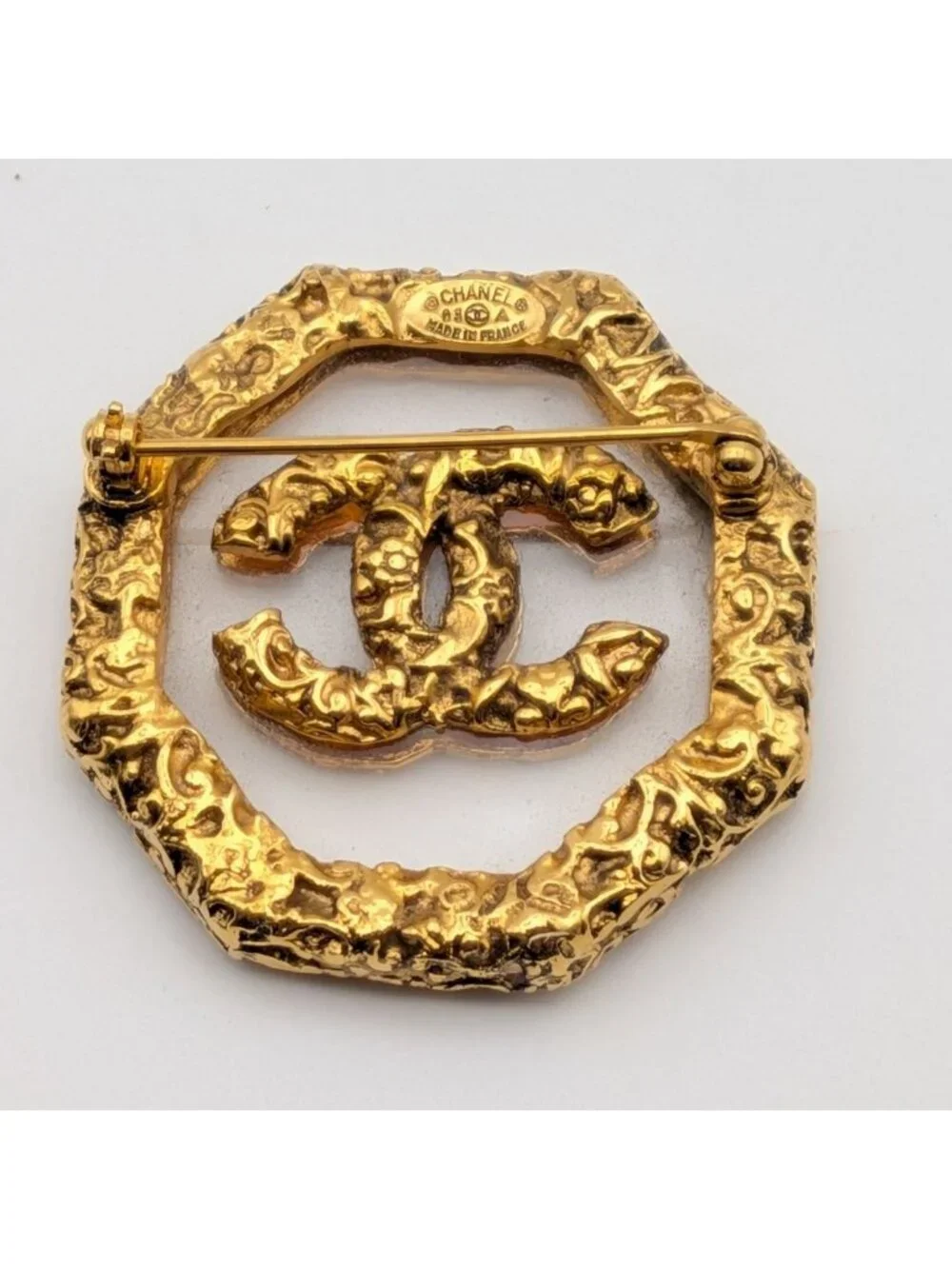 Chanel Brooch CC Logo Lava Gold Clear Vintage